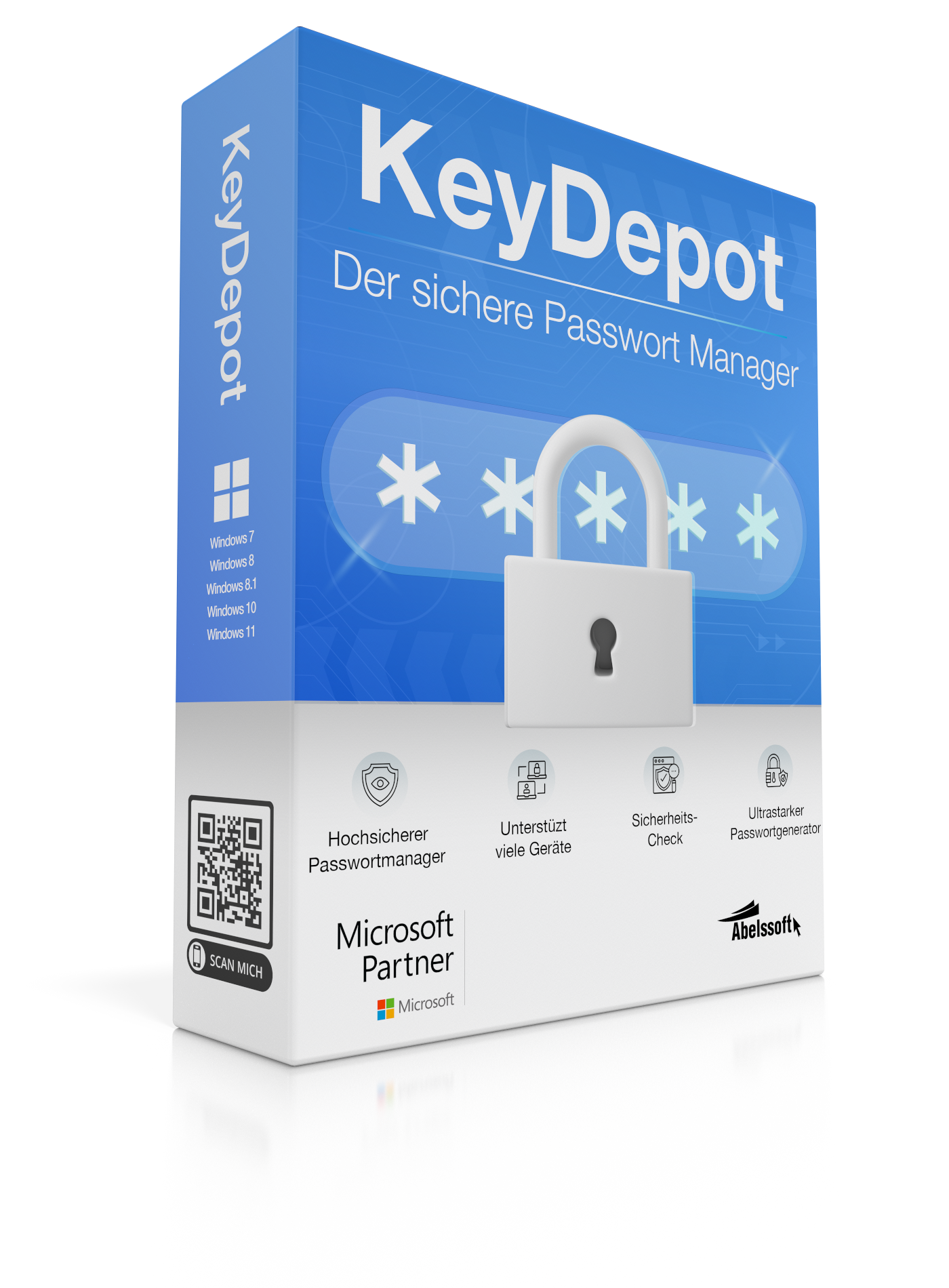 KeyDepot-Boxshot mit blauem Passwortmanager-Design