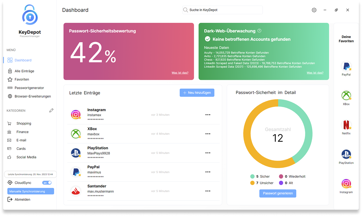 KeyDepot-Dashboard mit Sicherheitsübersicht