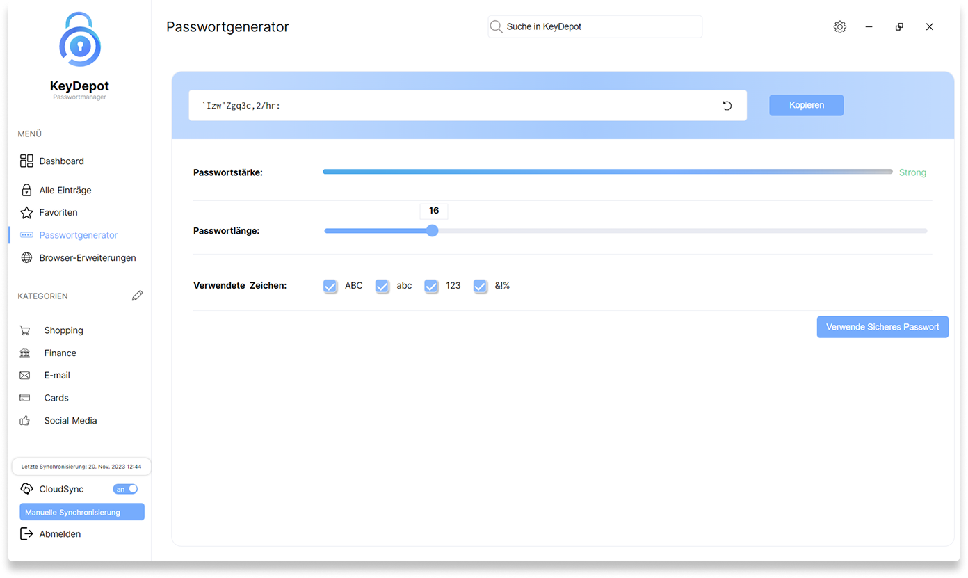 KeyDepot-Passwortgenerator mit Längen- und Zeichenauswahl
