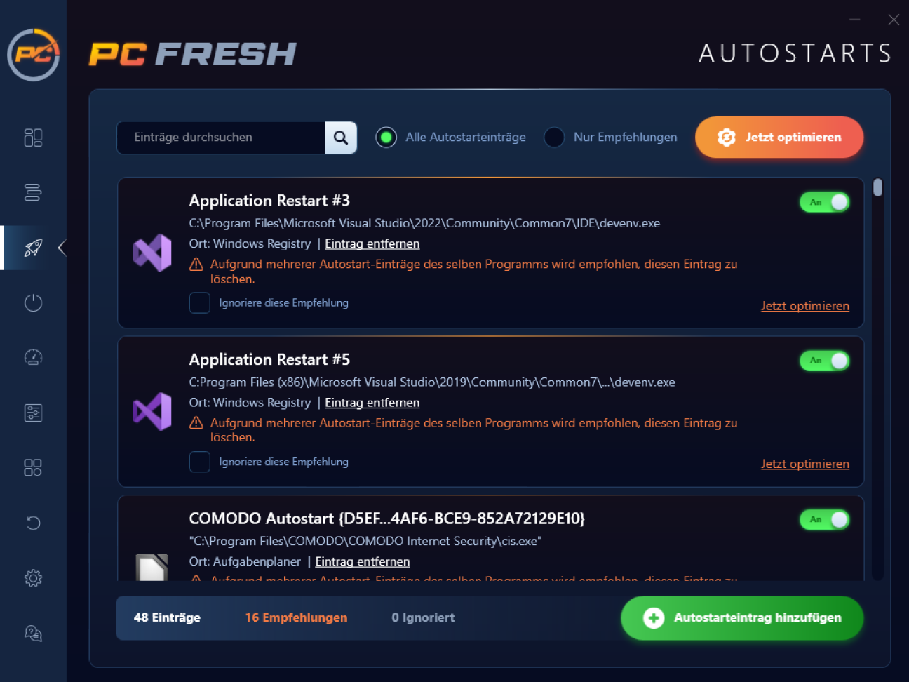 PC Fresh Dashboard mit Übersicht der Optimierungsbereiche