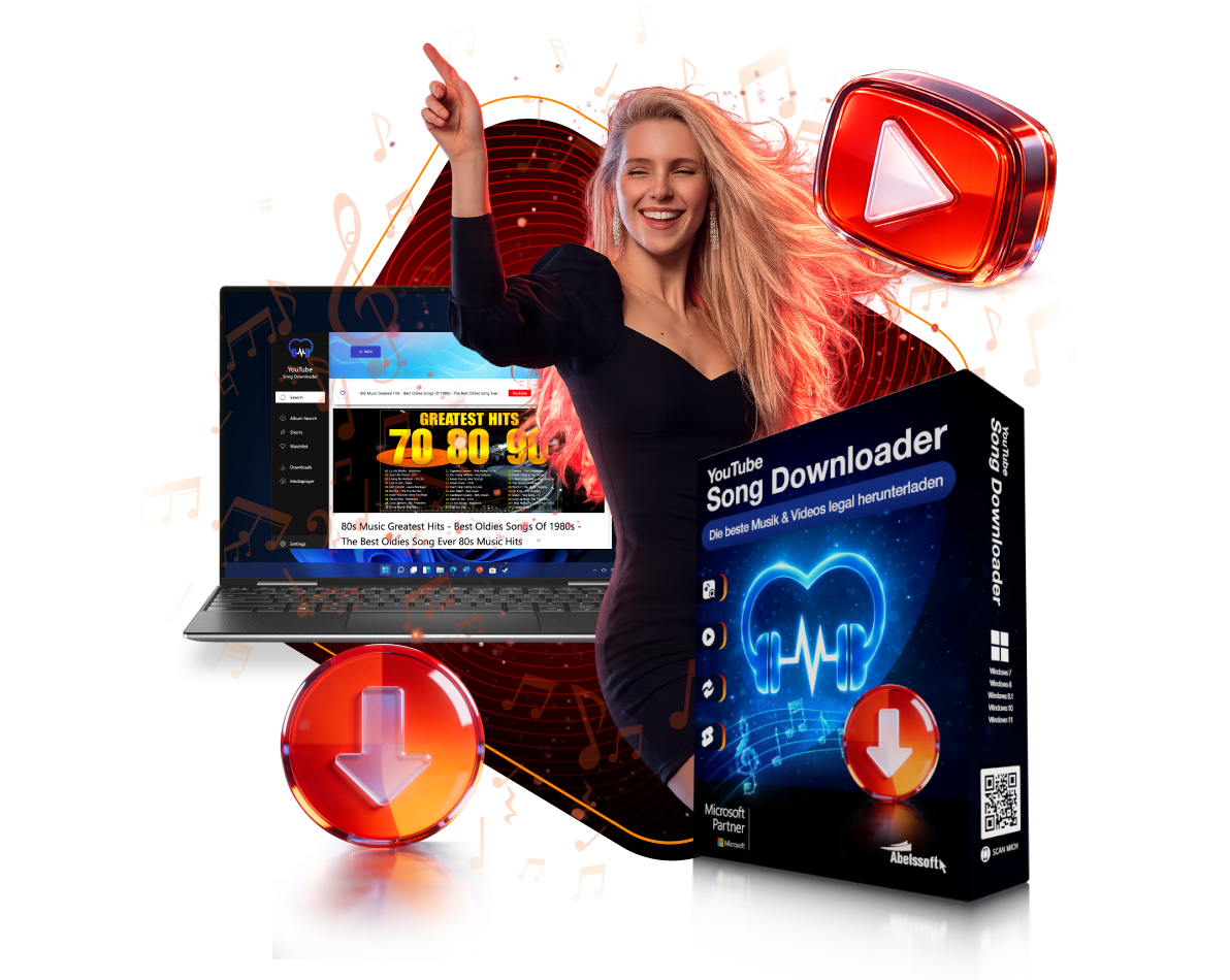 YouTube Song Downloader mit Laptop, Musikmotiv und Produktbox