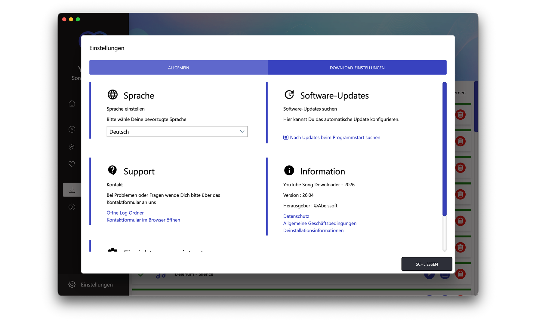 YouTube Song Downloader mit geöffneter Song- und Videoansicht