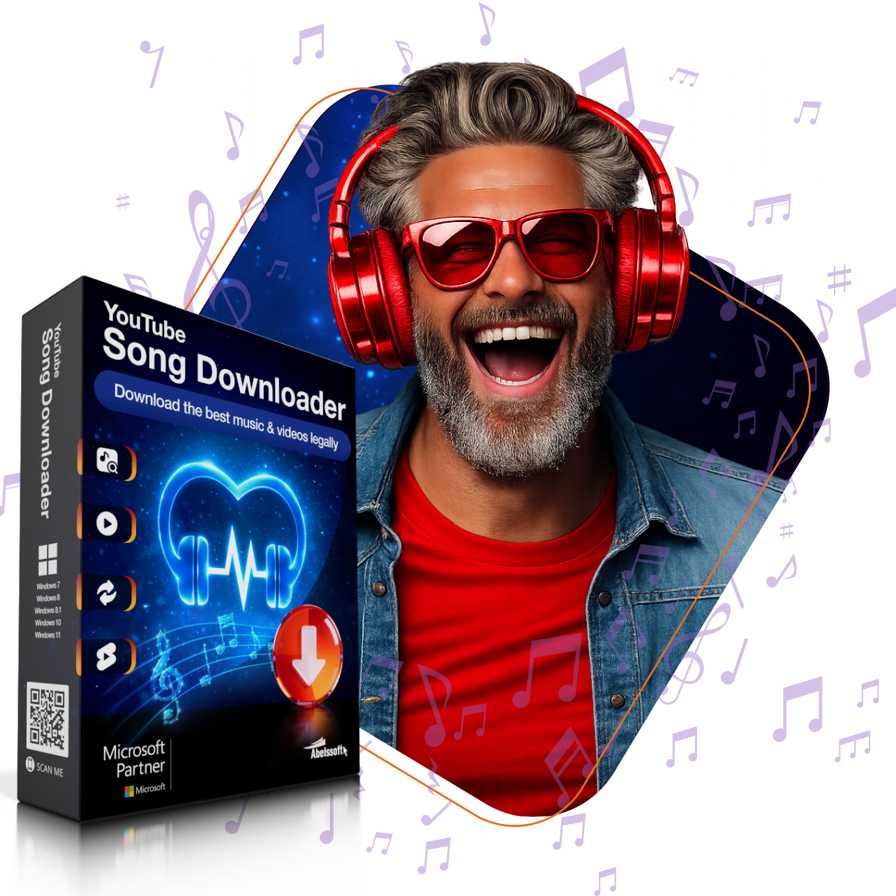 YouTube Song Downloader mit Musikmotiv und Produktbox